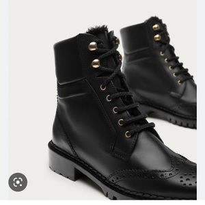 Massimo Dutti Black Napa Leather Ankle Boots with Broguing